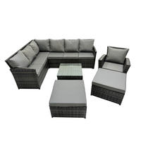 GARTENGARNITUR mit Ecksof,Couchtisch,2 Fußhocker Polyrattan Dunkelgrau 9-Sitzer - Dunkelgrau/Grau, Glas/Kunststoff - Fimous