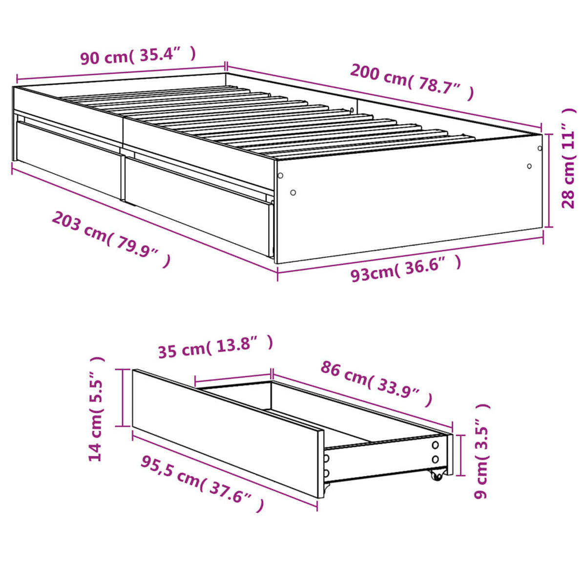 BETTGESTELL Mit Schubladen Sonoma-Eiche 90/200Cm Holzwerkstoff - Sonoma Eiche, Holzwerkstoff (90/200cm) - vidaXL