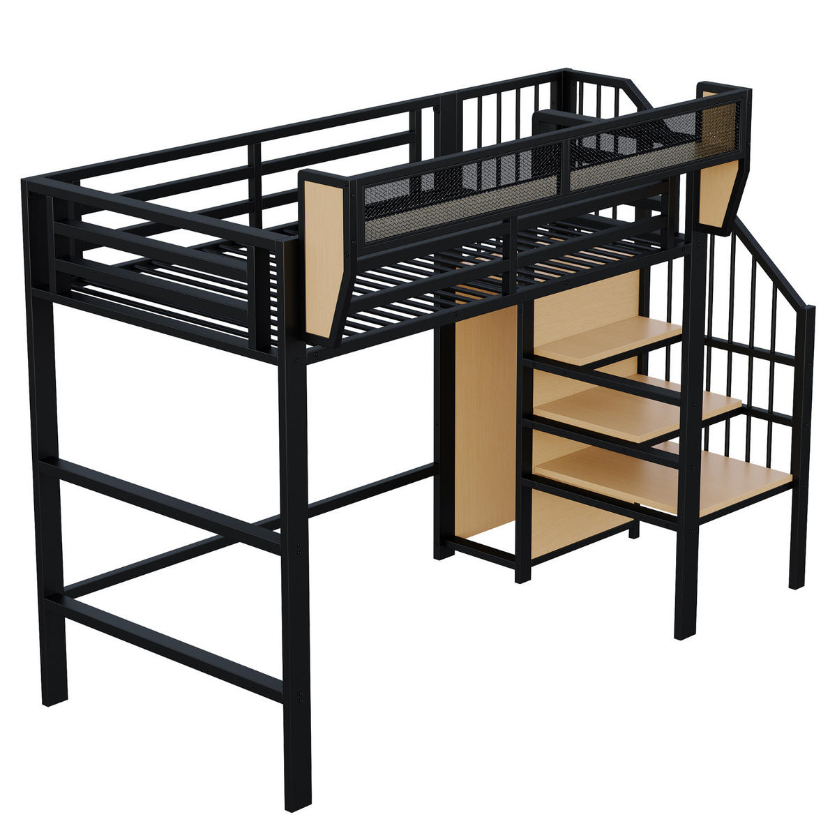 HOCHBETT aus Metall und MDF 90x200 cm Schwarz mit Sicherheitsleiter und flexiblem Regal - Schwarz, Metall (140/200cm) - Modfu