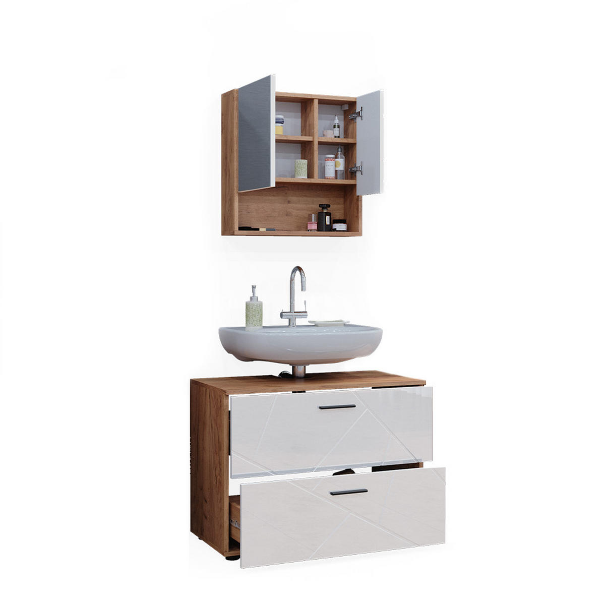 BADMÖBEL-SET Irma Weiß Hochglanz/Goldkraft Eiche 2 Teile - Honigeiche/Weiß Hochglanz, Holzwerkstoff (80/58.6/41cm) - Vicco