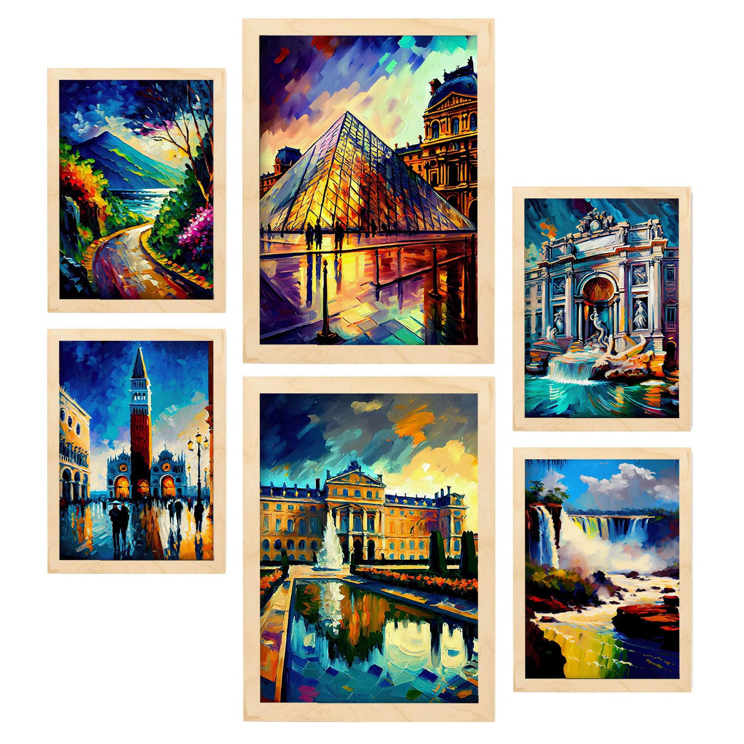 POSTER Set Mit 6 Winkel Im Ölgemälde Stil A3 & A4 Rahmen Aus Hellem Holz - Beige, Papier (29/3cm) - Nacnic