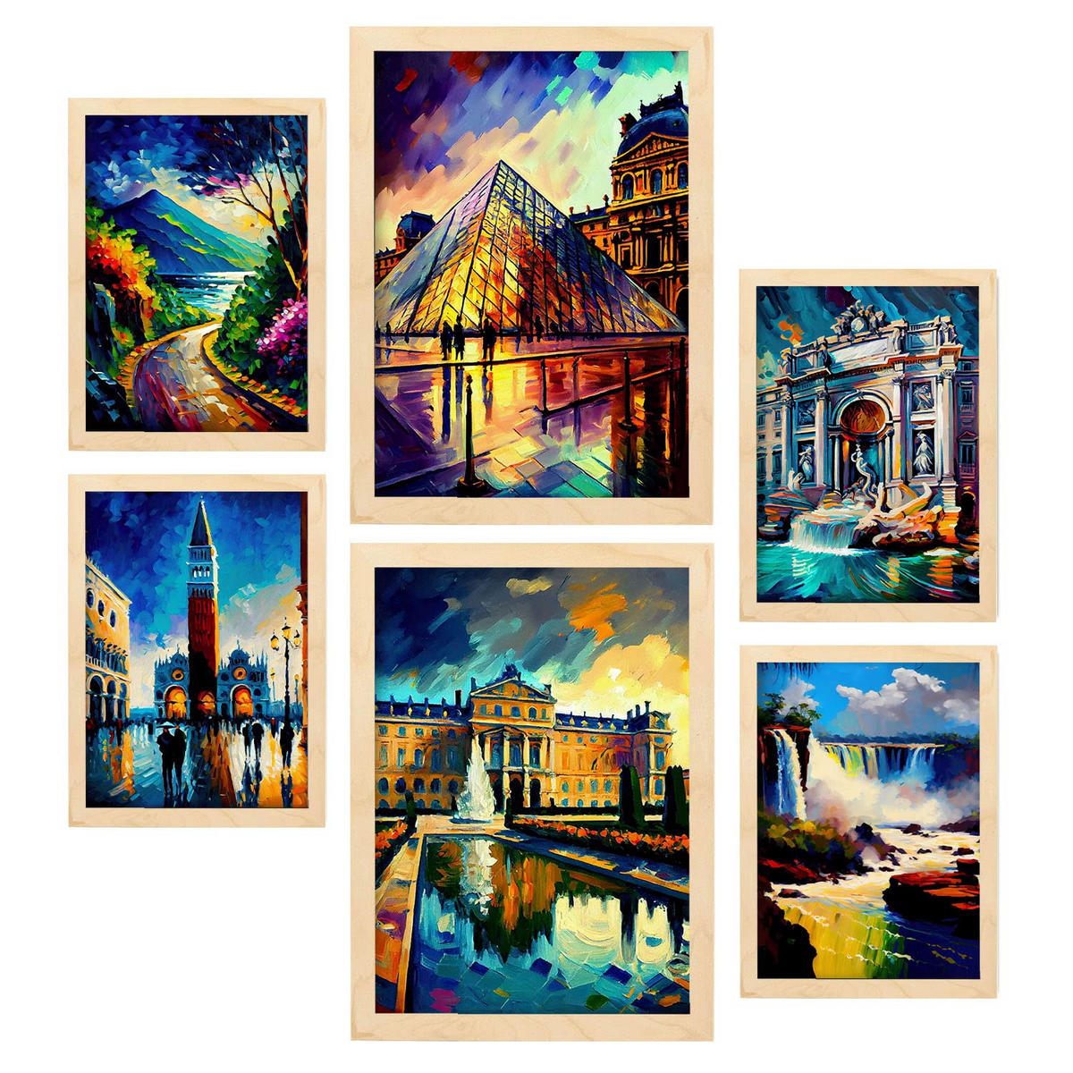 POSTER Set Mit 6 Winkel Im Ölgemälde Stil A3 & A4 Rahmen Aus Hellem Holz - Beige, Papier (29/3cm) - Nacnic