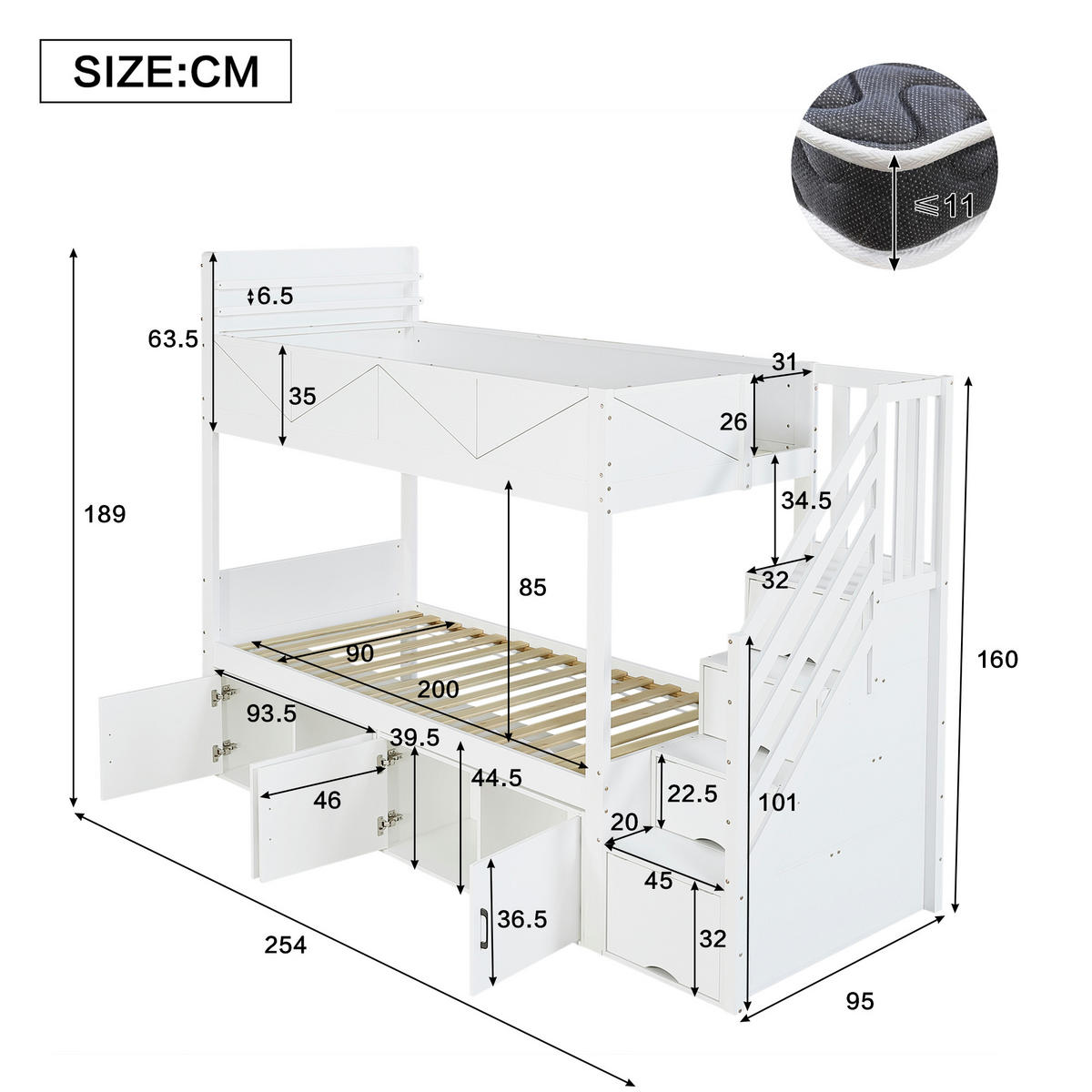 ETAGENBETT 90/200 cm in Weiß mit Stauraumtreppe, Schrankfächern, Ablage und Paneel-Design aus Massivholz und MDF - Weiß, Holzwerkstoff (90/200cm) - STILVORA