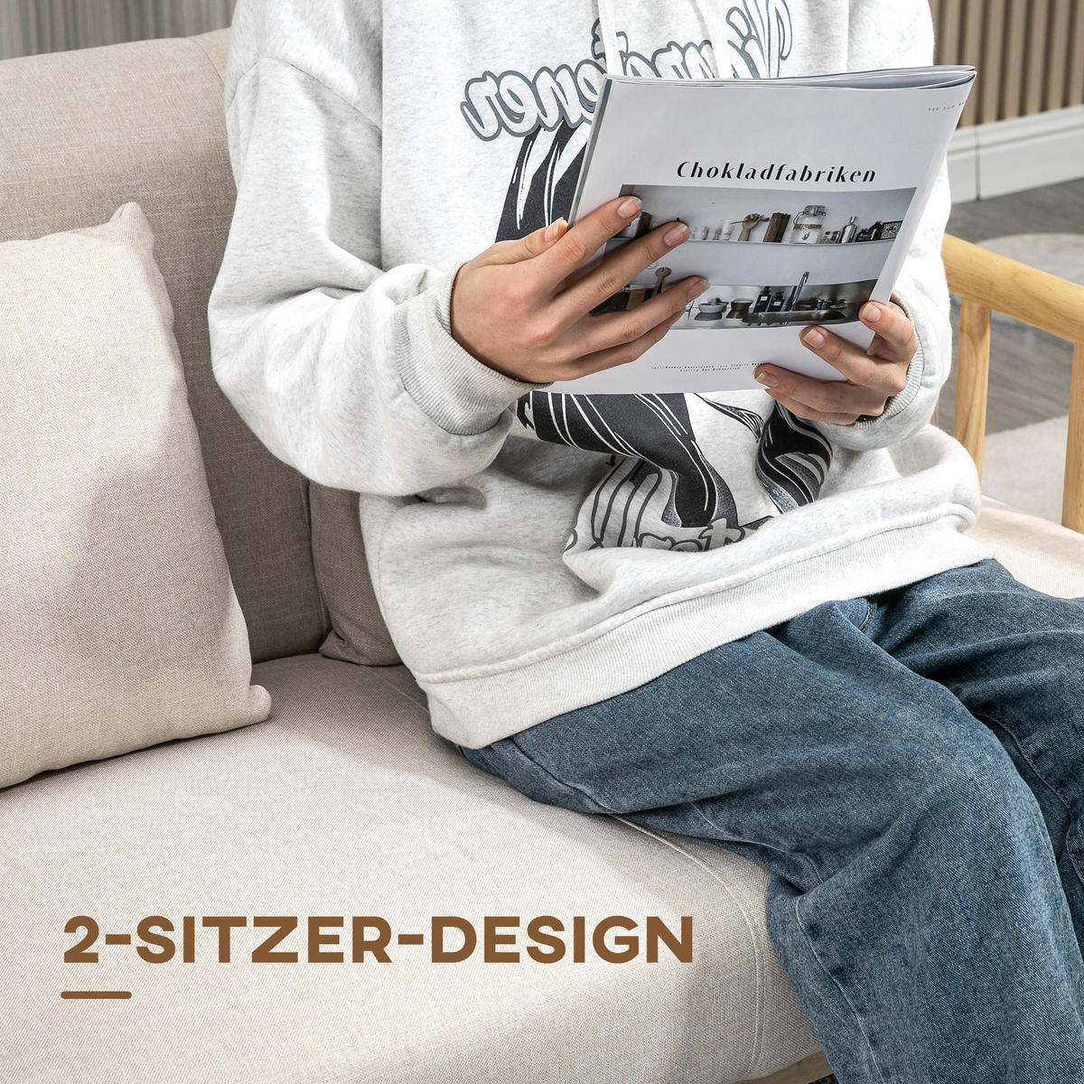 2 Sitzer Sofa, Couch mit 2 Lendenkissen, Leinenoptik für kleine Räume Beige - Beige, Holz/Kunststoff (69/74/123cm) - HOMCOM