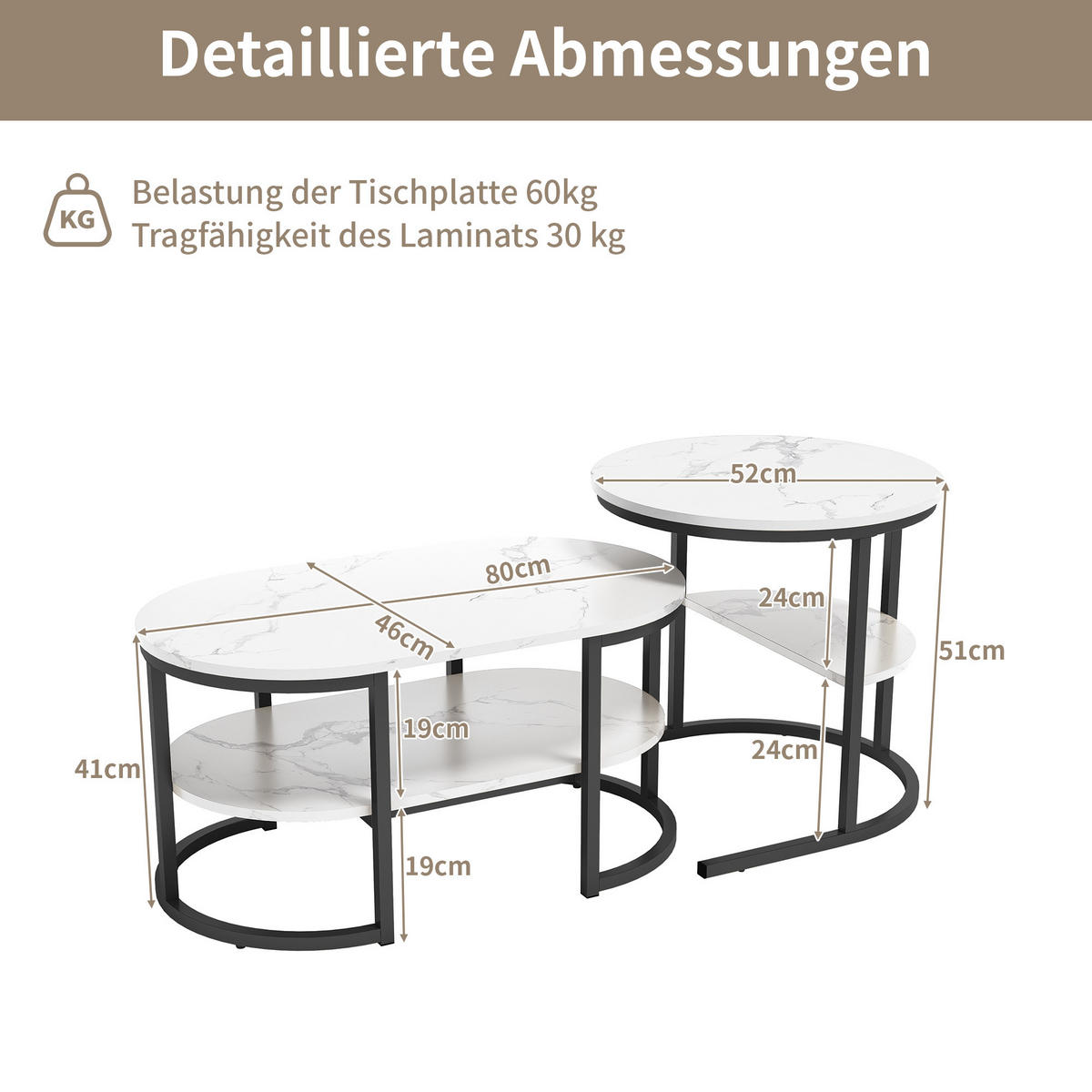 COUCHTISCH 2er SET, Weiß/Schwarz - Schwarz/Weiß, Metall (80/46/41cm)