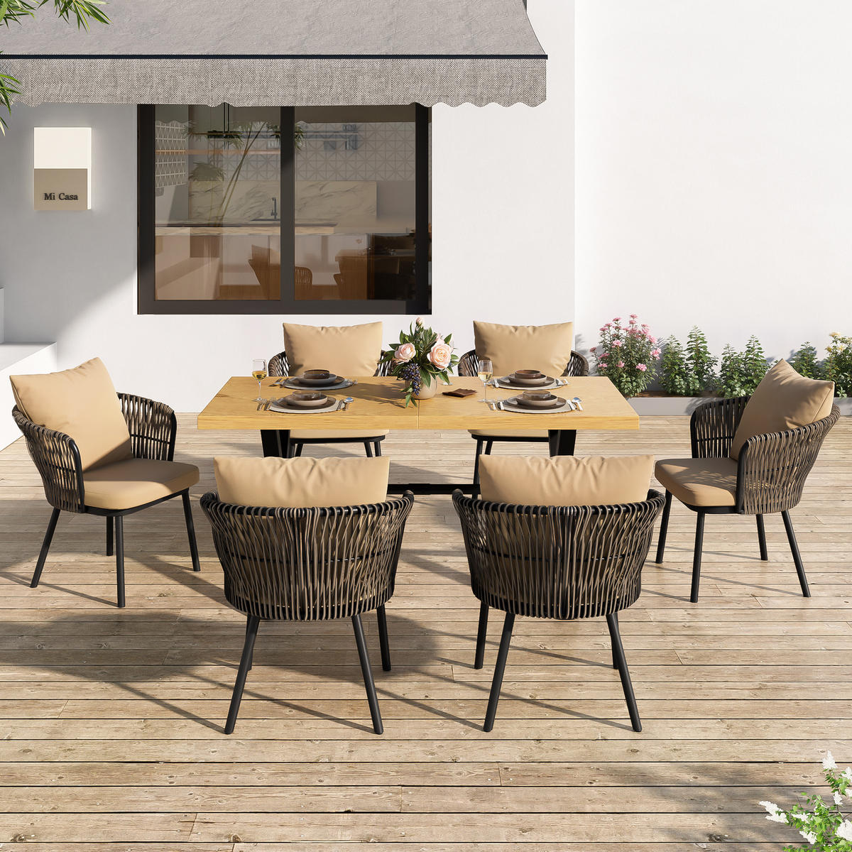 ESSTISCHSET Rattan/ Eisen Khaki/Natur 7-tlg. - Beige, Metall - ComfortXL