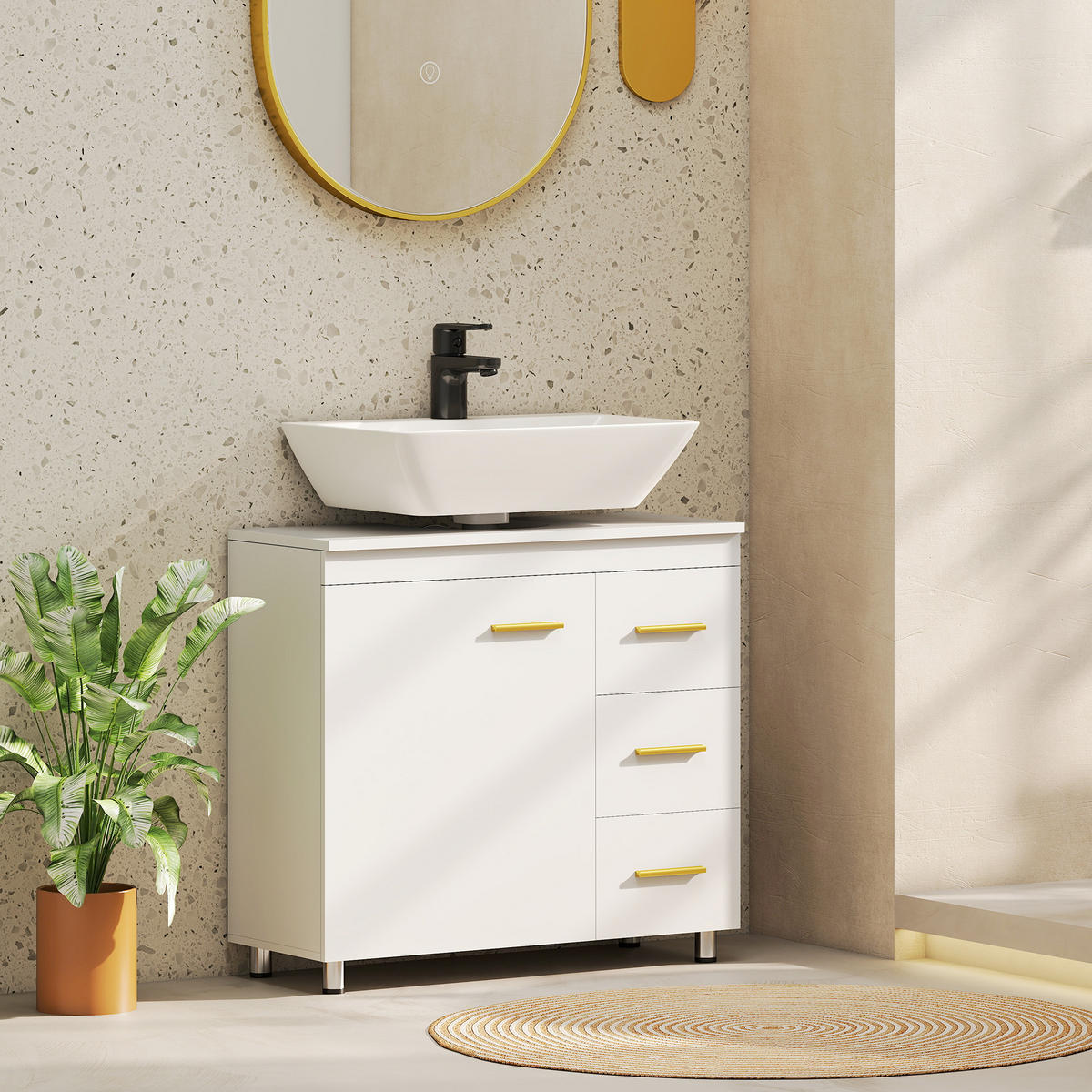 WASCHBECKENUNTERSCHRANK mit Schrankfach, 3 Schublade Weiß - Weiß, Holzwerkstoff (70/65/30cm) - HOMCOM