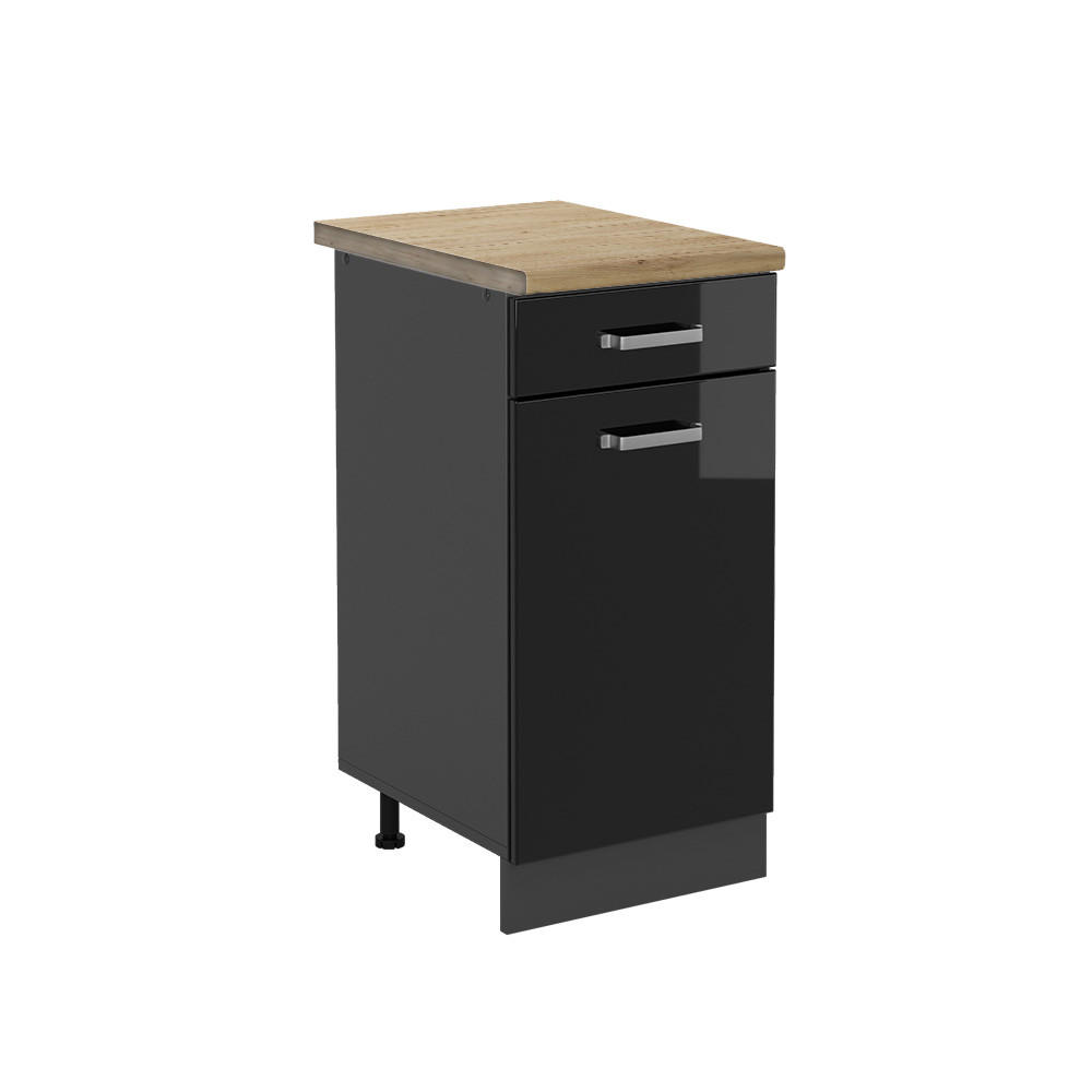 KÜCHENUNTERSCHRANK R-Line Schwarz Hochglanz 40 cm, AP Eiche - Schwarz Hochglanz/Anthrazit, Holzwerkstoff (40/81.6/60cm) - Vicco