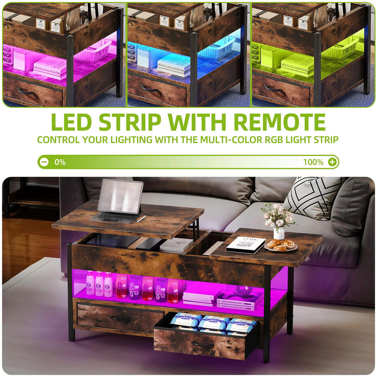 COUCHTISCH Lift-Top Holz LED RGB 2 Schubladen - Braun, Holz (106/50/51.5cm) - Kaket