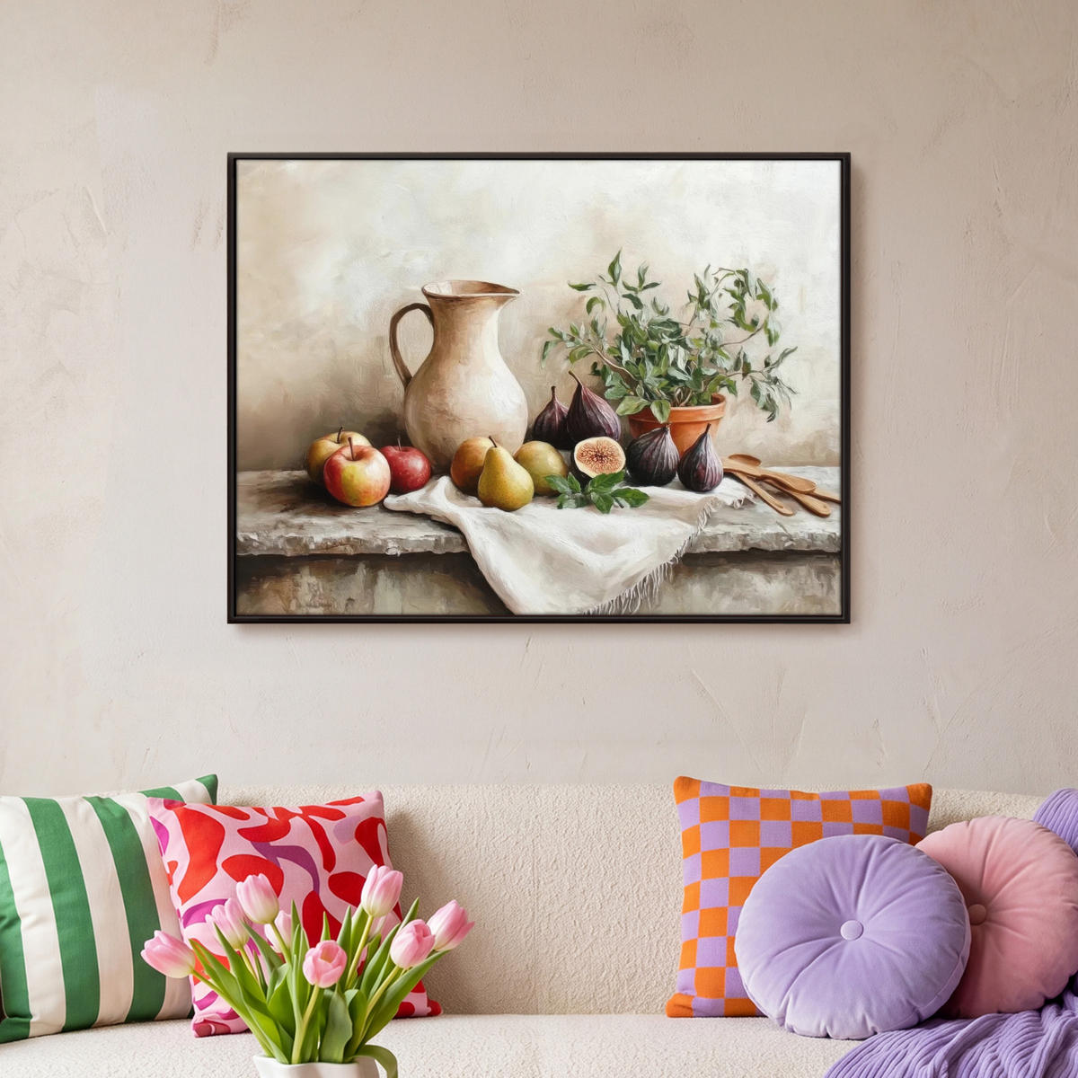 LEINWAND Bilder mit Rahmen - Obst - Kräuter - Ländlich - 80x60 - Naturfarben, Textil (80/60cm) - MuchoWow