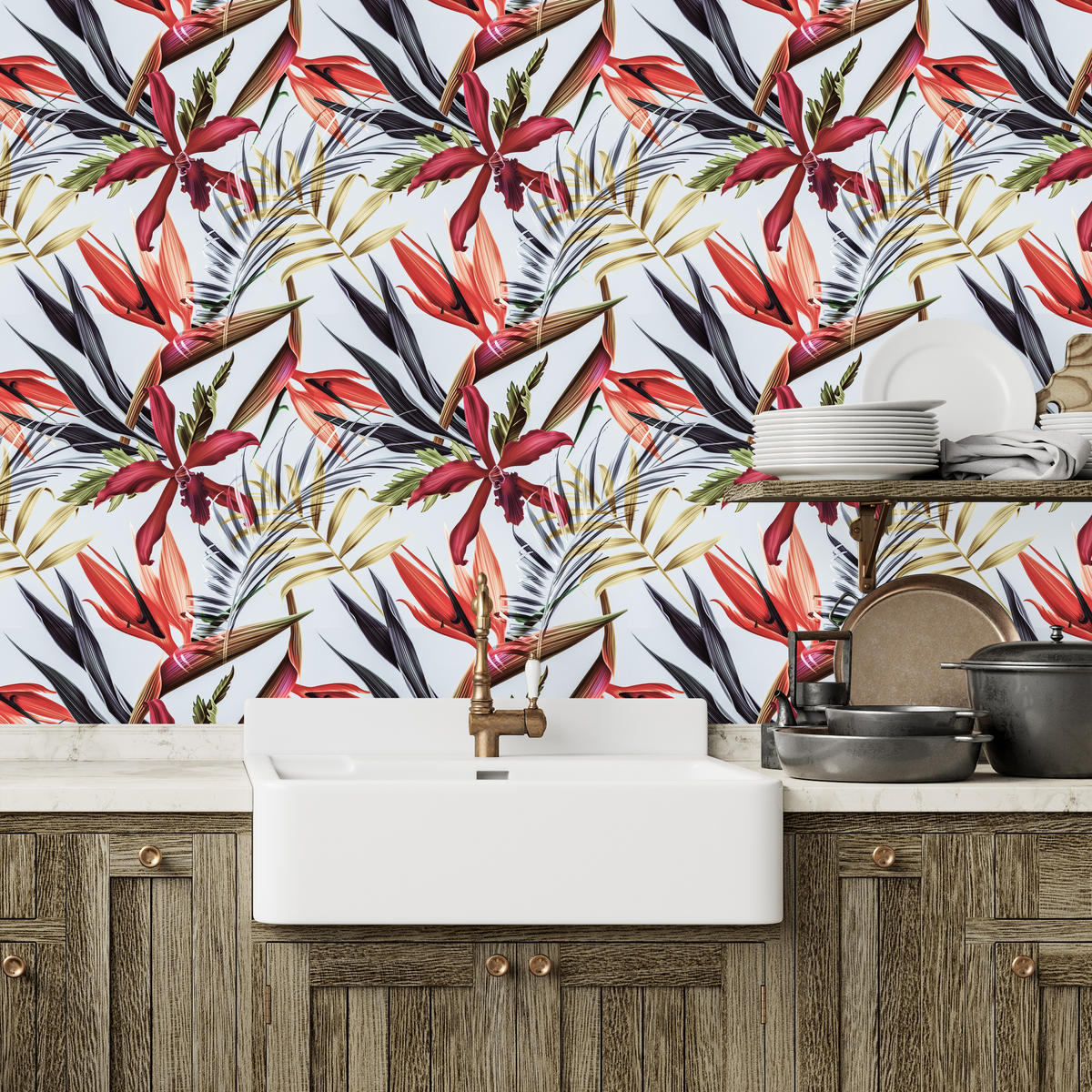 VLIESTAPETE Tropische Dschungelblüten – Rot, Grün, Weiß – 50x1000 cm - Rot/Weiß, Papier (50/1000cm) - Muralo