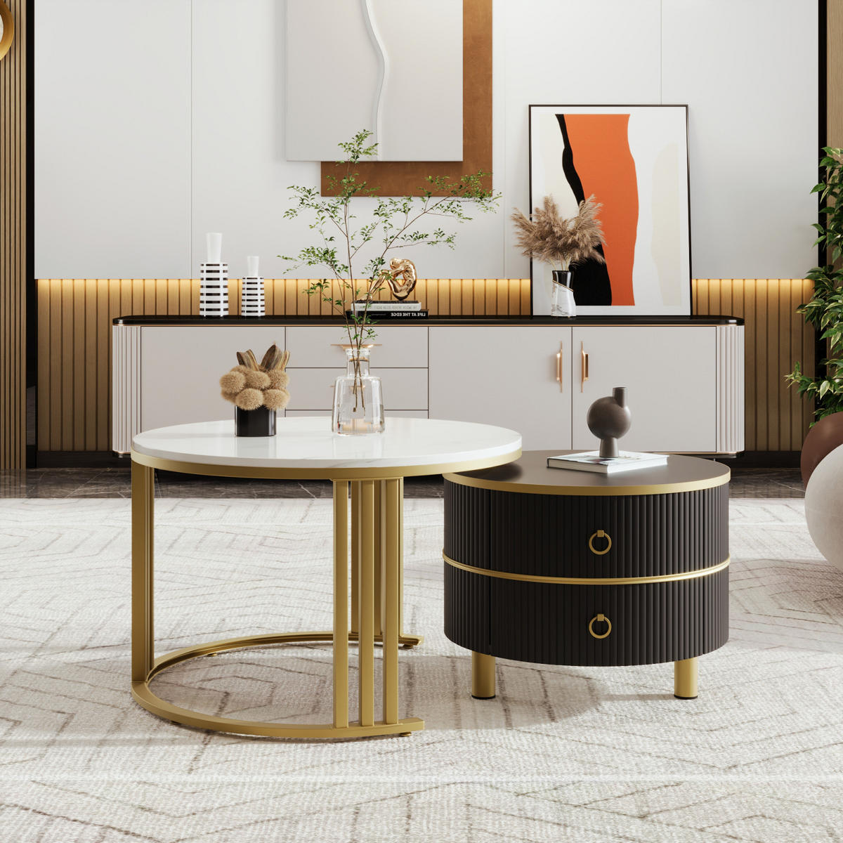 COUCHTISCH-SET Schwarz mit Marmorfurnier und 2 Schubladen - Schwarz, Metall (70/70/46cm)
