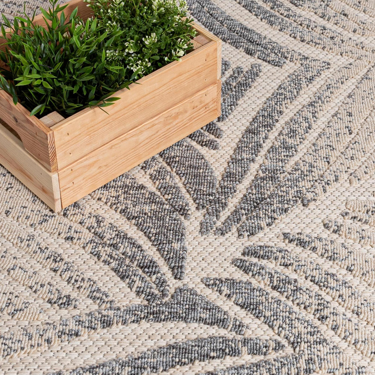 TEPPICH Beige In-Outdoor - Kurzflor Rechteckig, Motiv Pflanzen,Blätter,Blumen - Grau - 140 x 200 cm - Creme/Grau, Textil (140/200cm) - Mazovia