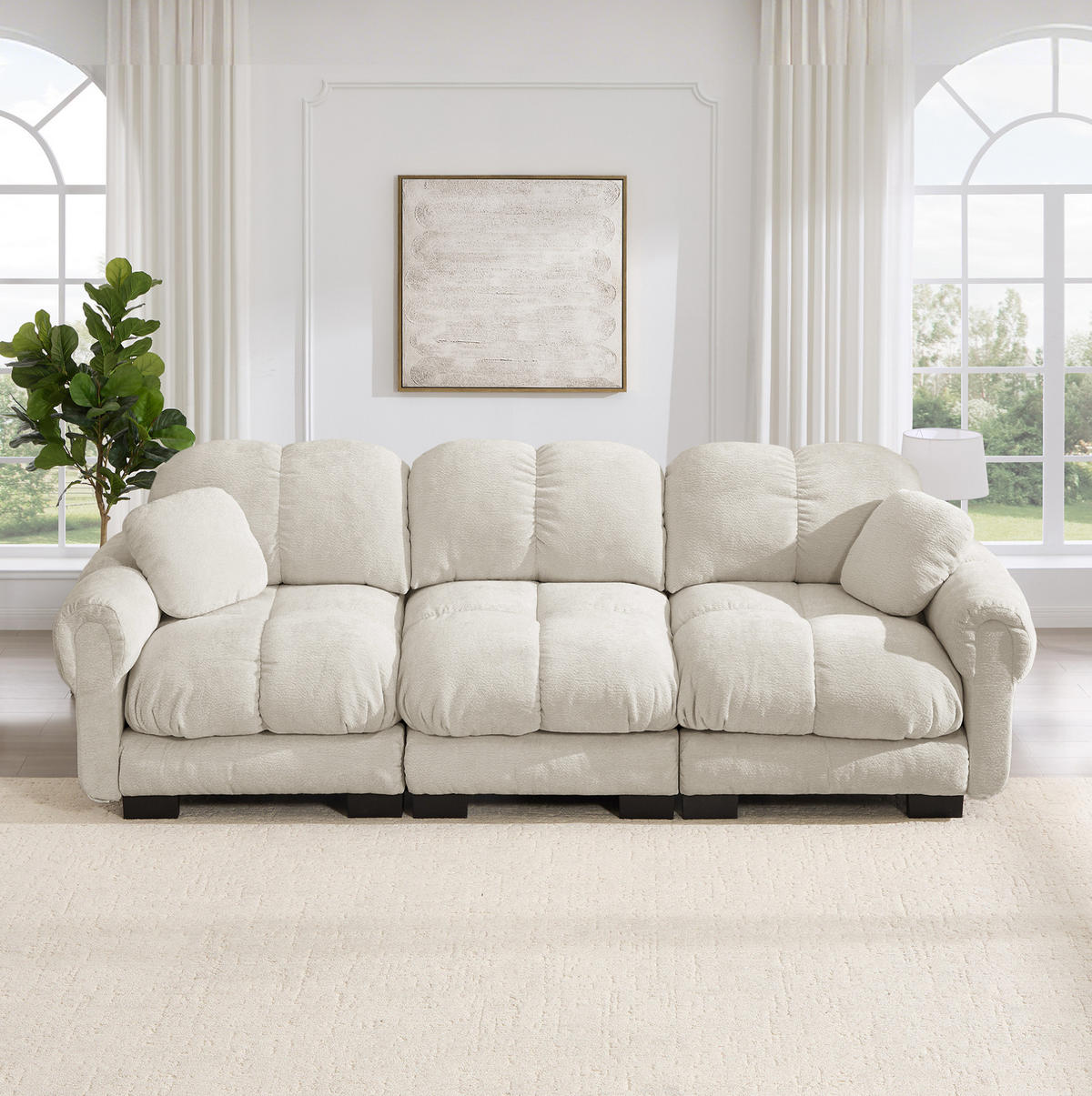 SOFA 260/86/90 cm in Hellkhaki aus Chenille mit Steppnähten - Sandfarben, Textil (86/90/260cm) - Flora Grace