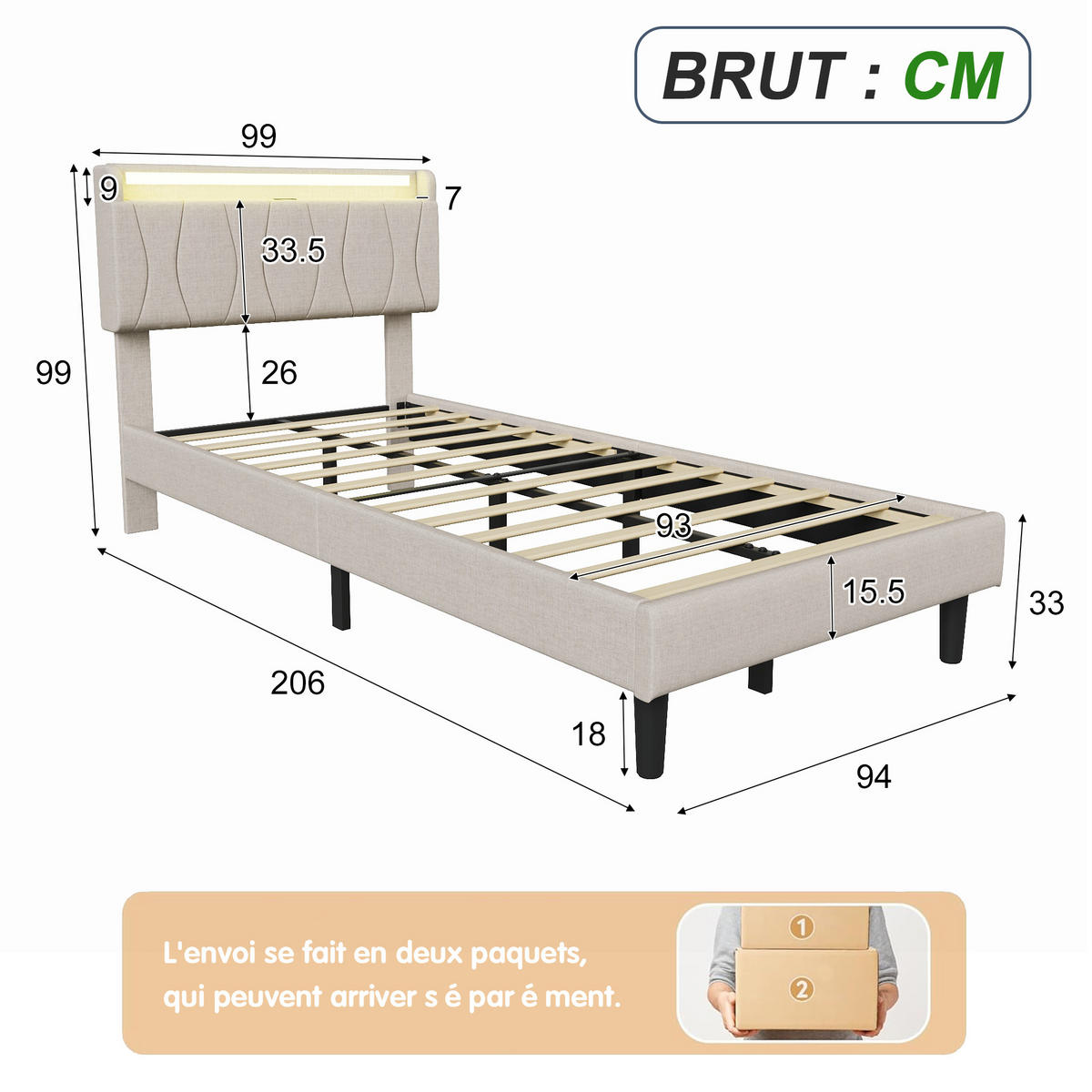 POLSTERBETT 90x200 cm mit LED & USB, Lattenrost, Beige - Beige, Metall (90/200cm)