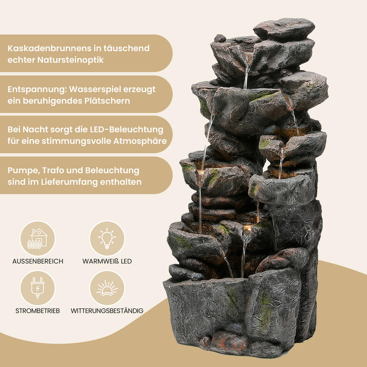 GARTENBRUNNEN, LED-Beleuchtung, Kunststein, Wasserspiel, Grau - Grau, Naturmaterialien (46/36/90cm) - FLIEKS
