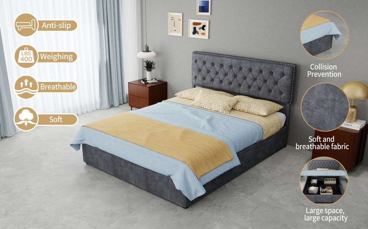 POLSTERBETT 140/200 cm mit hohem Kopfteil, Stauraum unter dem Bett und Matratze, Grau - Grau, Textil (140/200cm) - Redom