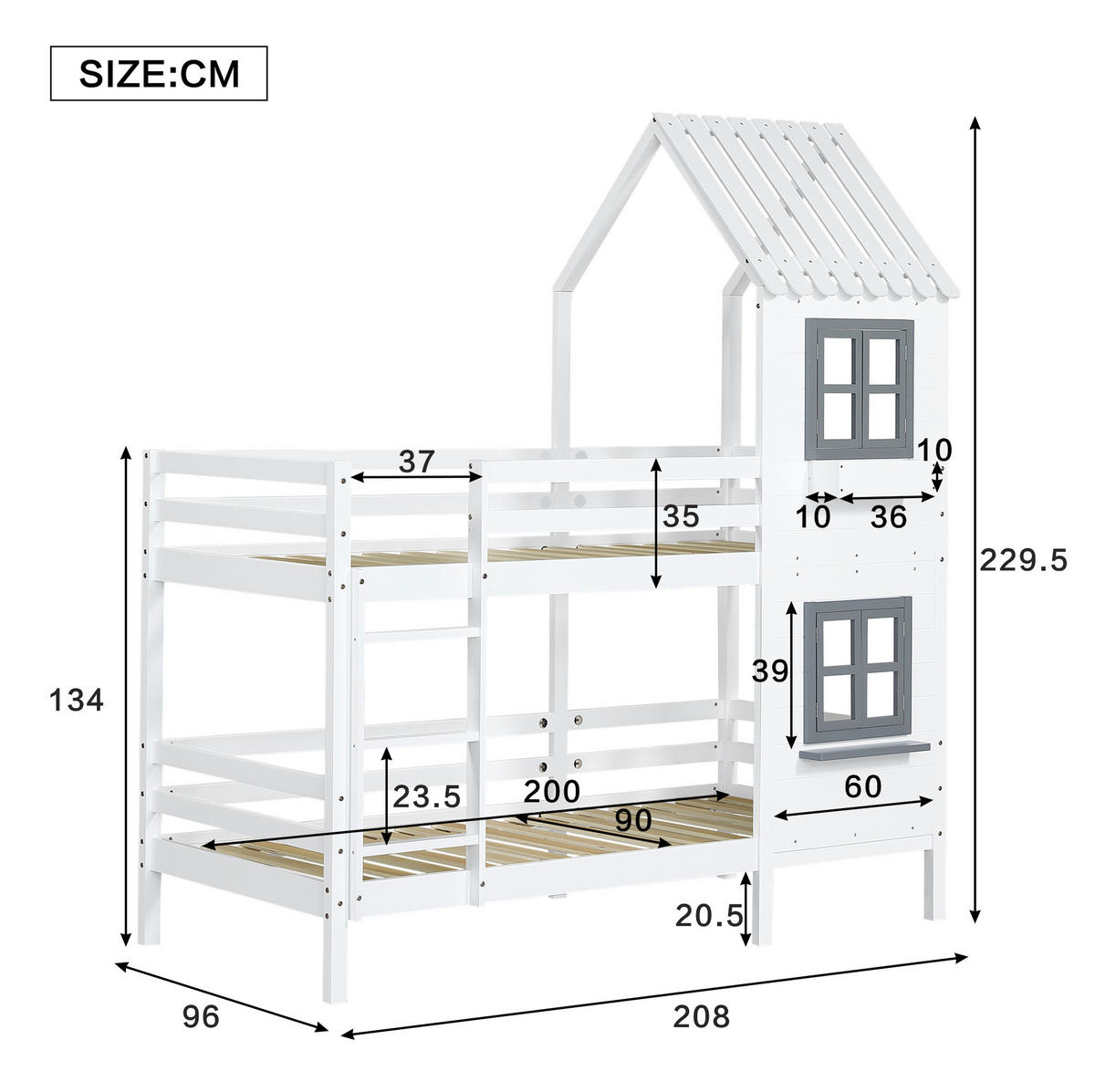 ETAGENBETT Hausbett mit Fenster und Leiter, Weiß, Kiefer/MDF, 90/200 cm - Weiß, Holz (90/200cm) - MIVRAY
