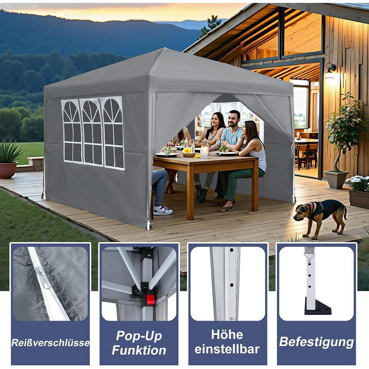FALTPAVILLON 2.5 x 2.5 m Grau Wasserdicht mit 4 Seitenteilen - Grau, Textil (250/260/250cm)