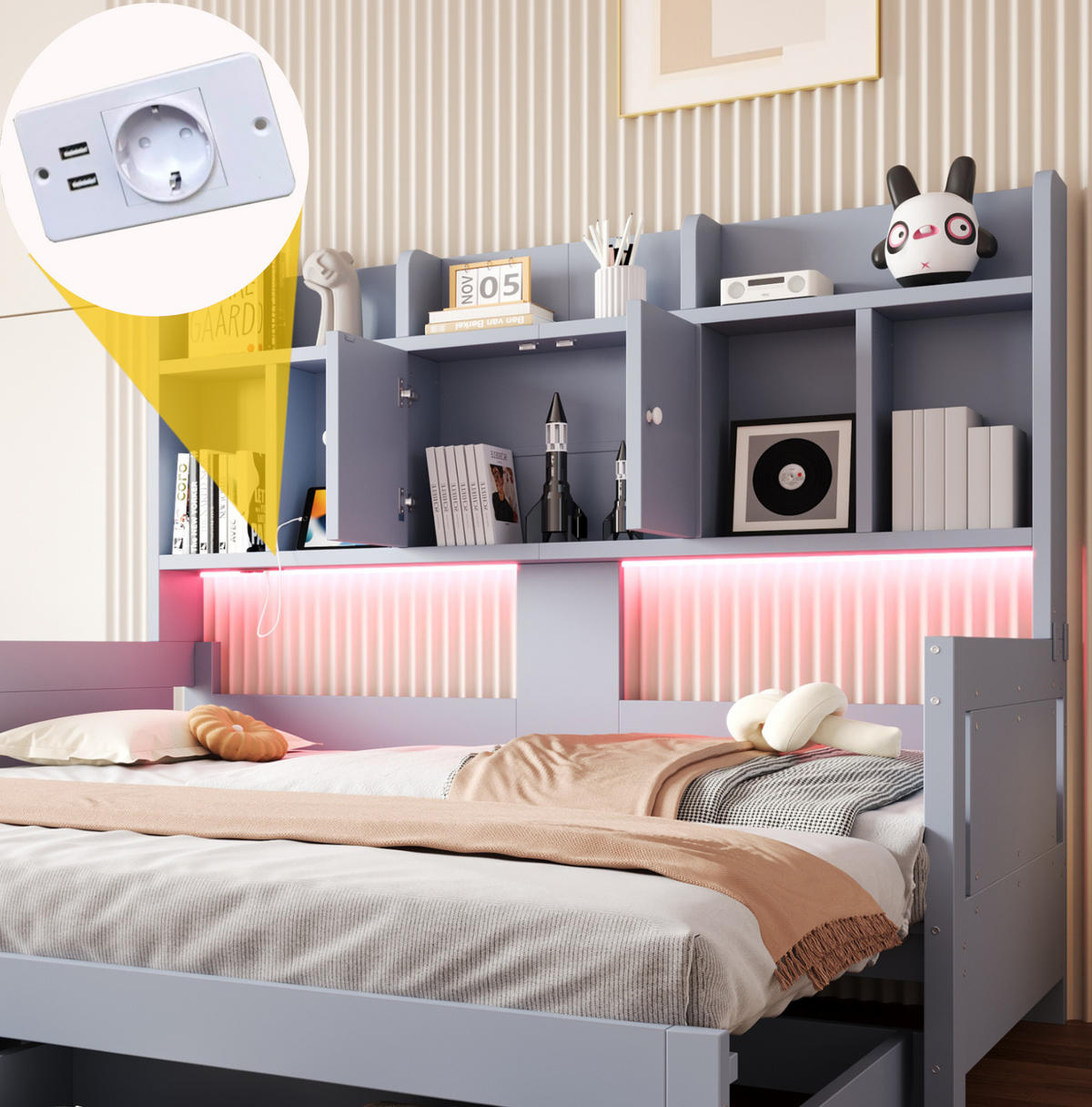 BETT 90/180×190 cm in Grau mit Stauraum, Steckdose und LED-Beleuchtung - Grau, Holz (180/190cm) - Flora Grace