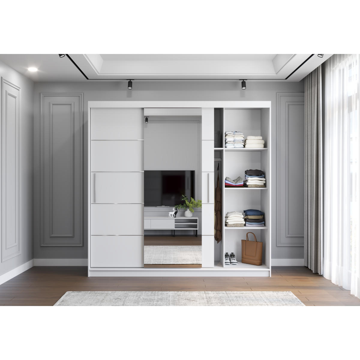 SCHWEBETÜRENSCHRANK Alba Weiß/Weiß + Spiegel, mit LED-Beleuchtung 250 cm - Alufarben/Weiß, Glas/Holzwerkstoff (250/218/61cm) - imoebel24