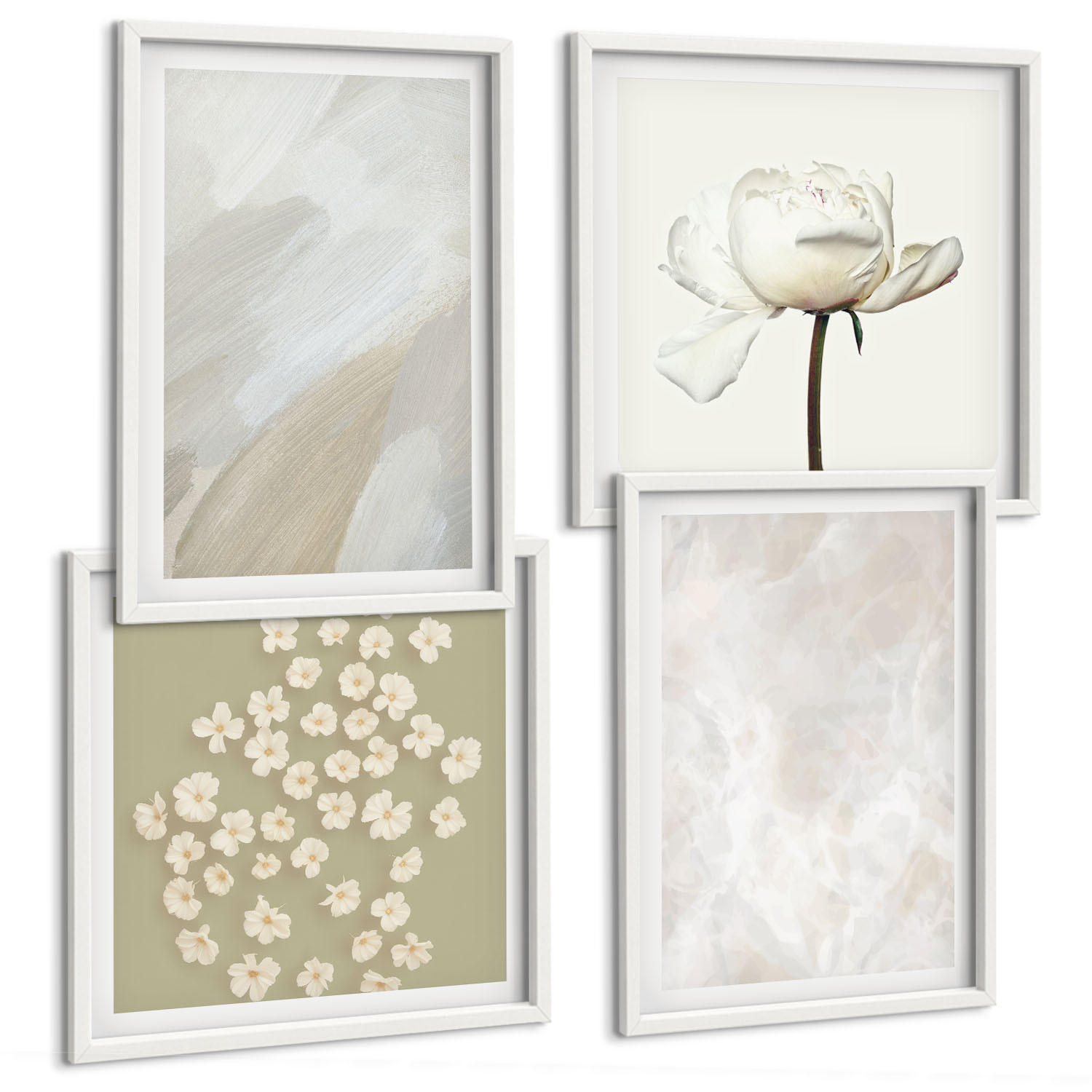 BILDER SET 4er Set - 50x50 cm & 40x60 cm Weißer Rahmen - Blumen, modische Boho-Texturen - Weiß, Kunststoff (50/50cm) - TULUP