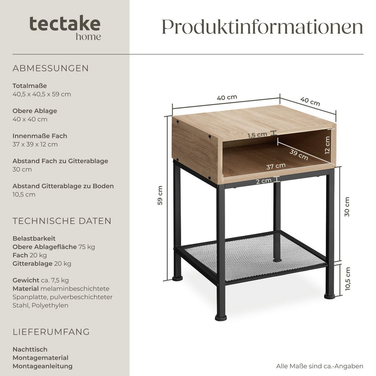 NACHTSCHRANK Harlow,40,5 x 40,5 x 59 cm,Industrial Holz hell, Eiche Sonoma - Naturfarben, Holzwerkstoff (40.5/59/40.5cm) - tectake