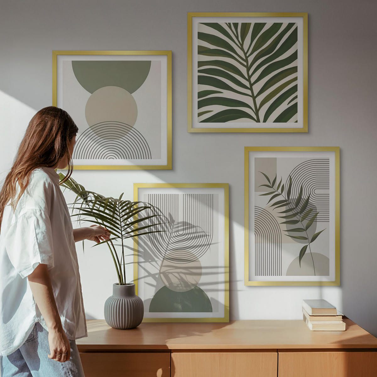 WANDBILDER 4er Set - 50x50 cm & 40x60 cm Goldrahmen - Abstrakte Blätter im Boho-Stil - Goldfarben, Kunststoff (50/50cm) - ArtPrintCave