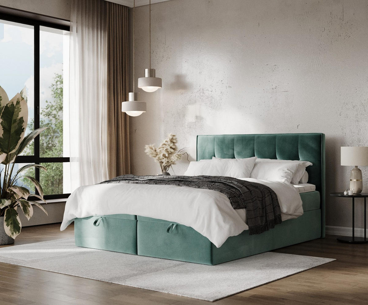 BOXBETT Tivra 180/200 cm Türkis im Kronos Stoff - Türkis/Schwarz, Holz/Holzwerkstoff (180/200cm) - AltaBeds