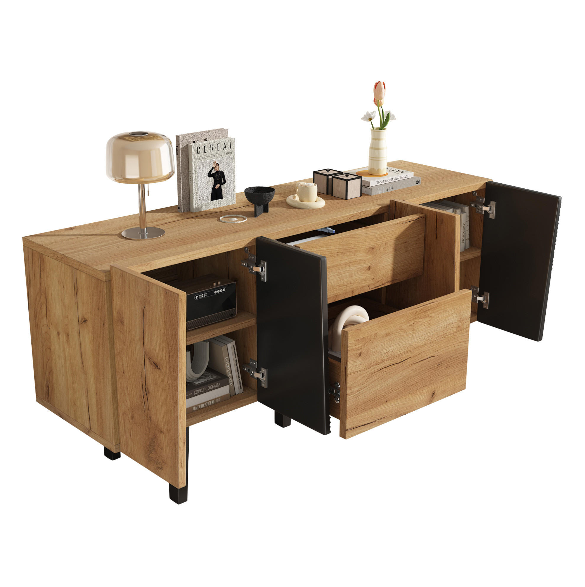 SIDEBOARD aus Spanplatte 40x140x70 cm Eichefarben mit 2 Schubladen, 4 Türen und höhenverstellbaren Einlegeböden - Eichefarben, Holzwerkstoff (40/70/140cm) - Modfu