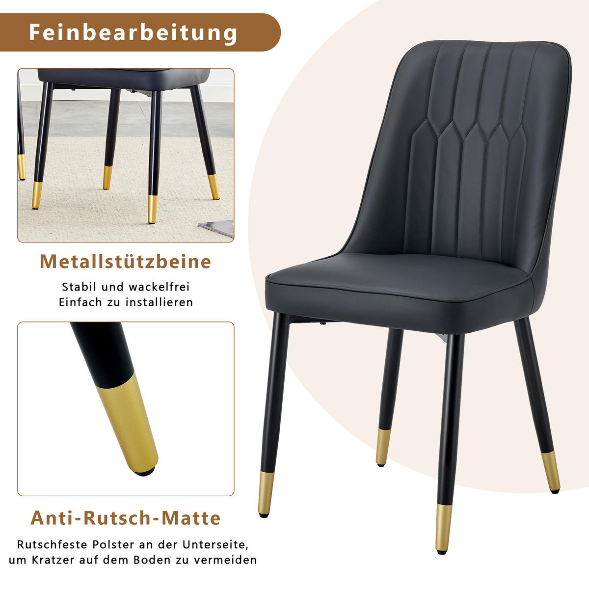 STUHL-SET DE-36511 2 Stück mit PU-Bezug und Metallbeinen Schwarz - Schwarz, Metall (41.5/89/43cm) - ComfortXL