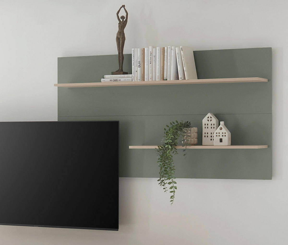 WANDPANEEL Salbei grün, Barista Eiche 155 x 80 cm, Wandregal mit 2 Ablagebödem - Salbeigrün/Eichefarben, Holzwerkstoff/Metall (155/80/20cm) - Furn.Design