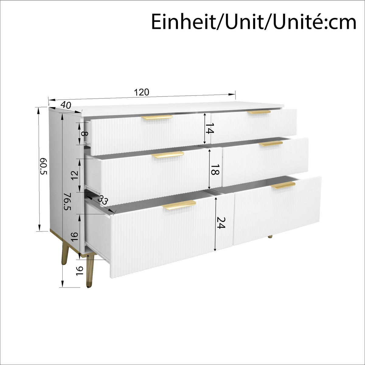 SIDEBOARD in Weiß Kommode mit 6 Schubladen und Holzoptik-Füßen für Wohnzimmer, Schlafzimmer und Flur, B120/T40/H76.5cm - Naturfarben/Weiß, Holzwerkstoff/Metall (120/76.5/40cm) - STILVORA