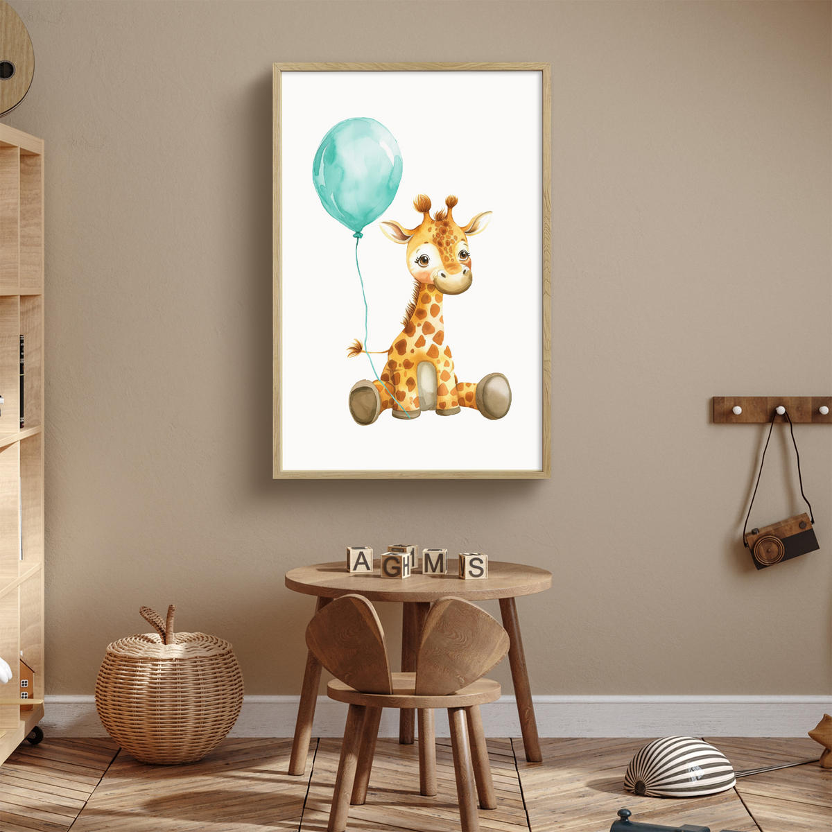 NACHTTISCHLAMPE MIT AKKU Giraffe - Baby - Tiere - Blauer Ballon 60x90 cm - Weiß, Holzwerkstoff (8/60/90cm) - OnlyWow