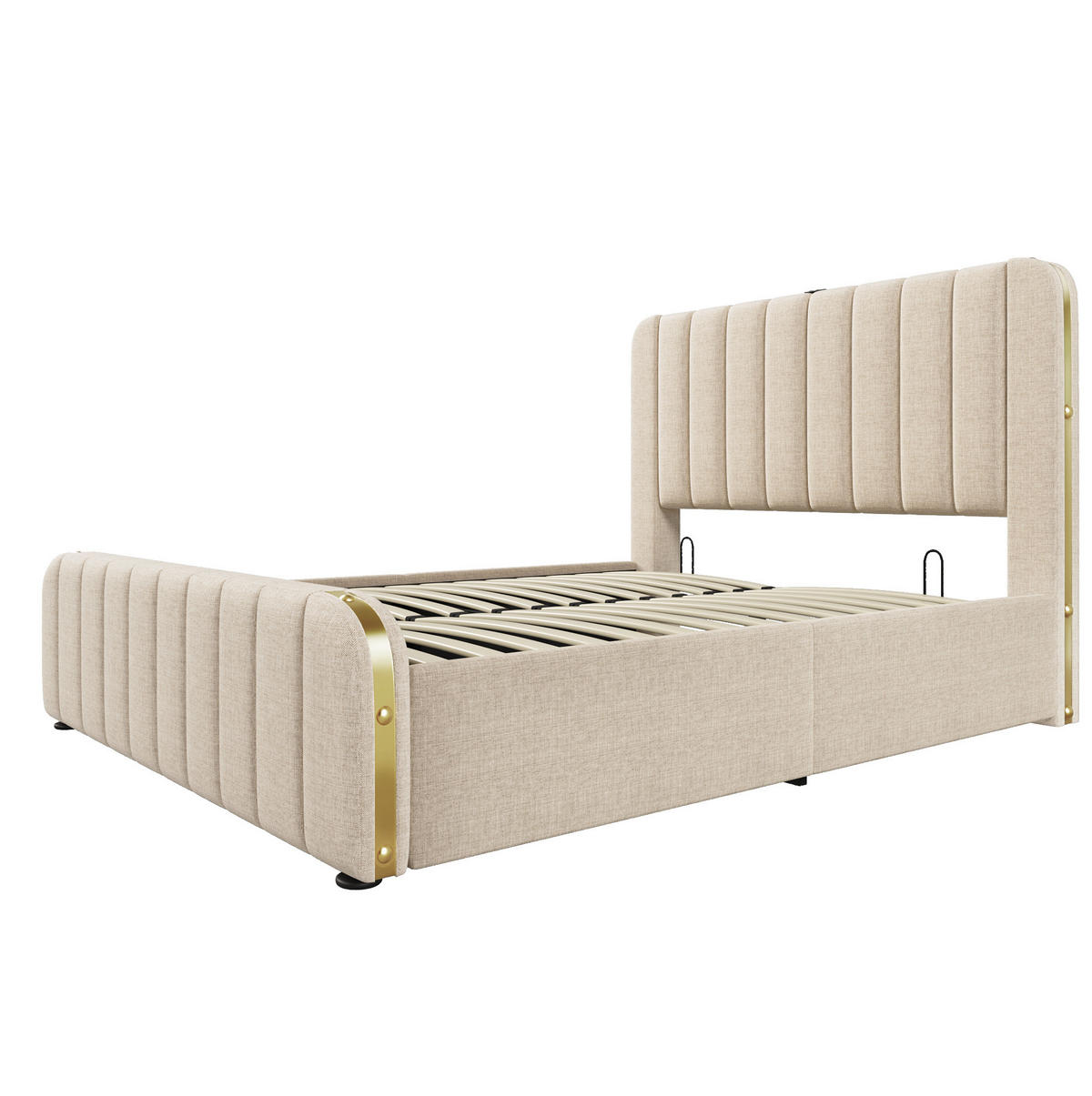 POLSTERBETT mit Stauraum, Matratze & USB 140x200 cm Leinen Beige - Beige, Metall (140/200cm) - Meubliv