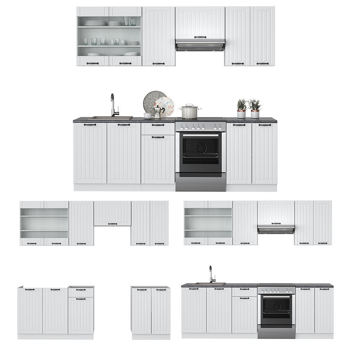 KÜCHENZEILE Fame-Line Weiß Landhaus/Weiß 240 cm ohne AP - Creme/Weiß, Holzwerkstoff (240/81.6/46cm) - Vicco