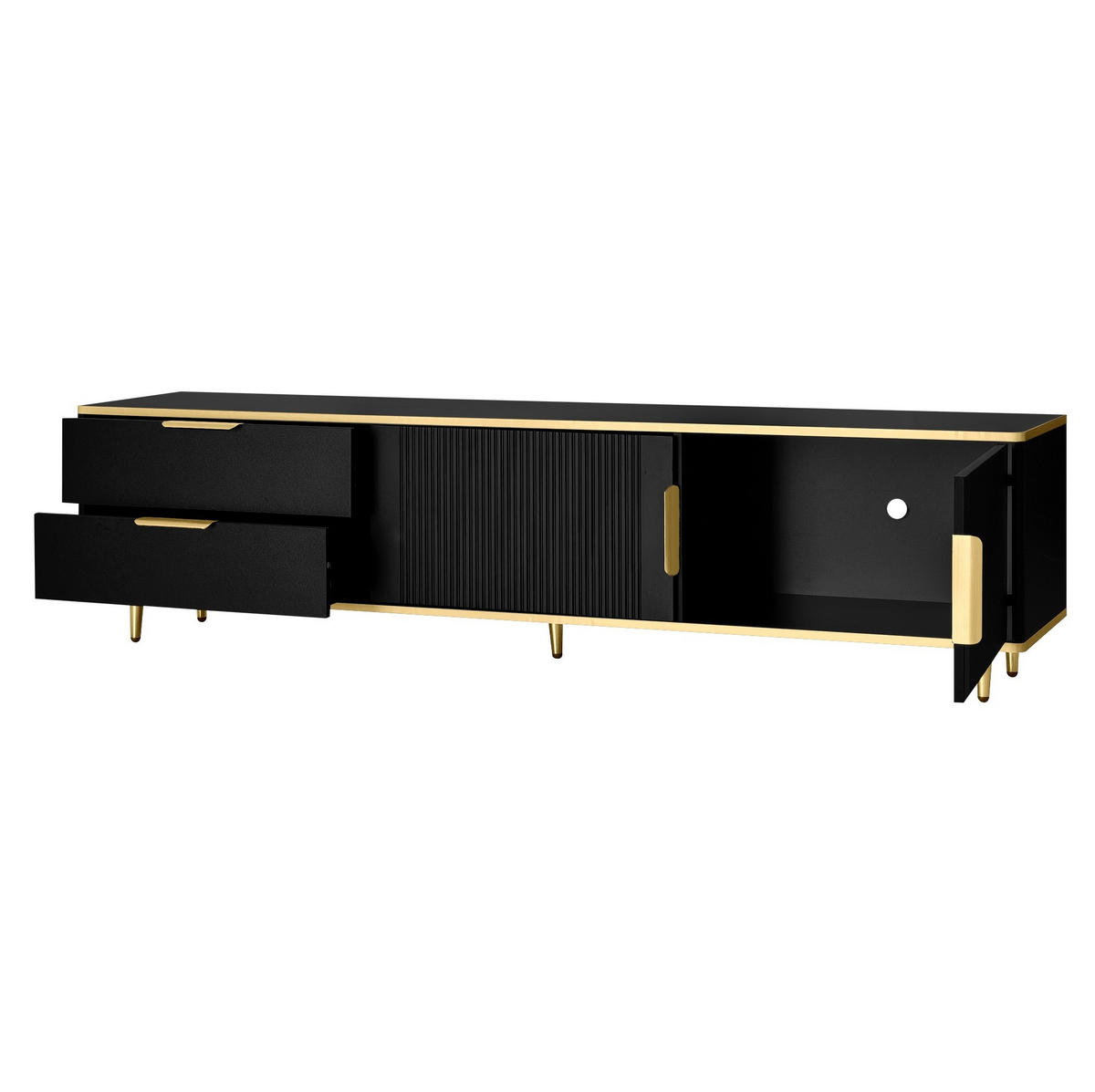 TV-SCHRANK 175/40/45 cm schwarz mit geschnitzter Struktur und goldenen Griffen - Schwarz, Holzwerkstoff (175/45/40cm) - OKWISH