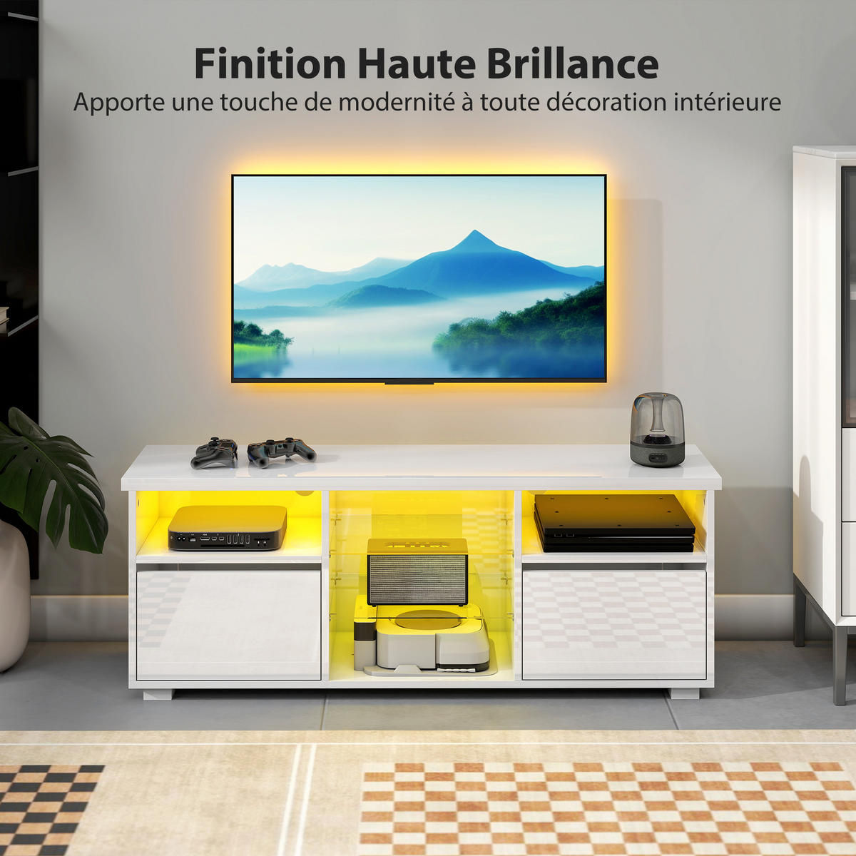 TV-LOWBOARD Weiß Hochglanz 120/34/45 cm, LED-Beleuchtung, Glasböden - Weiß Hochglanz, Holzwerkstoff (120/45/34cm) - PANGIVO
