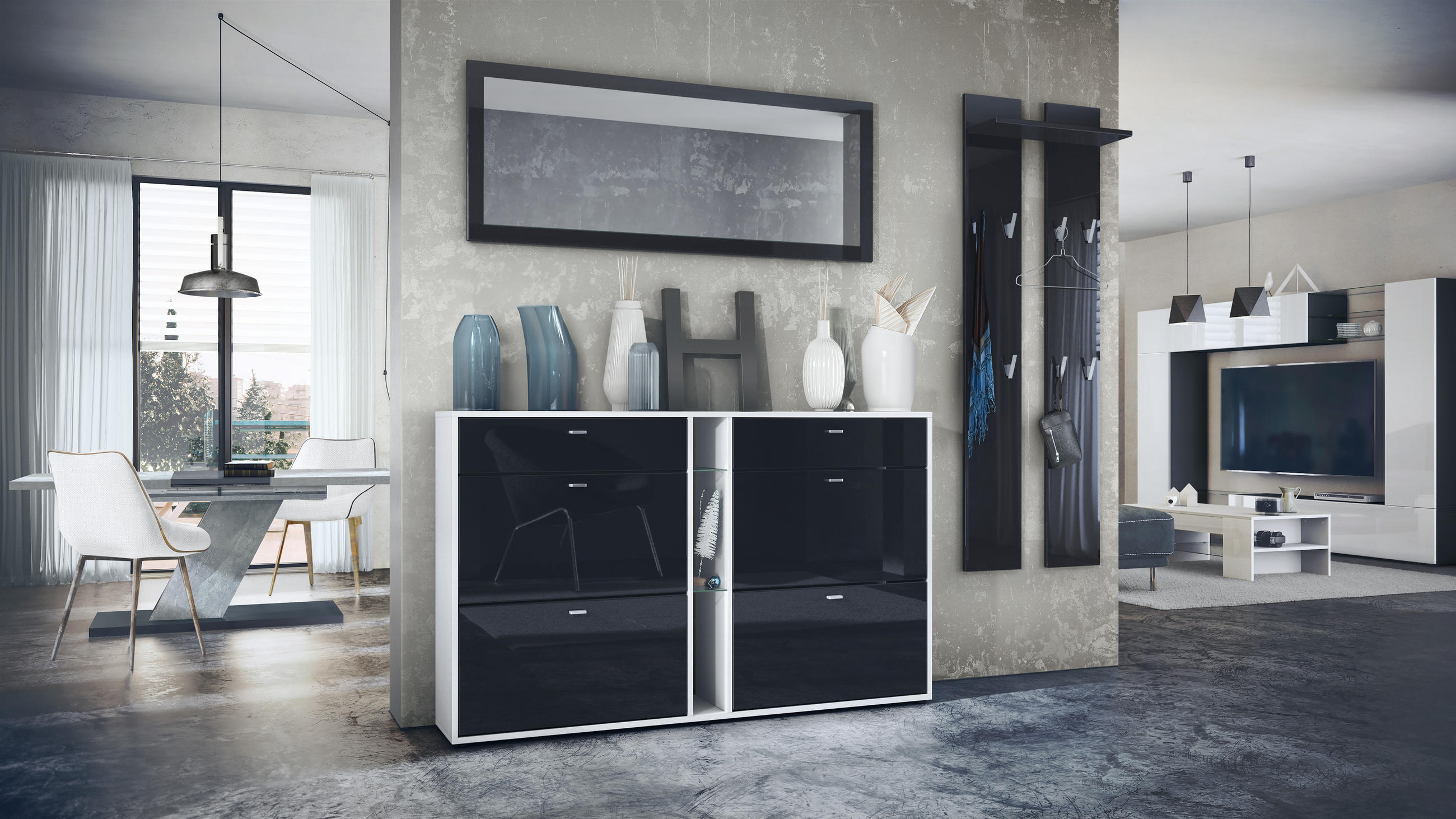 GARDEROBE Orlando Schwarz Hochglanz - Schwarz Hochglanz, Holzwerkstoff (215/210/28cm) - Vladon