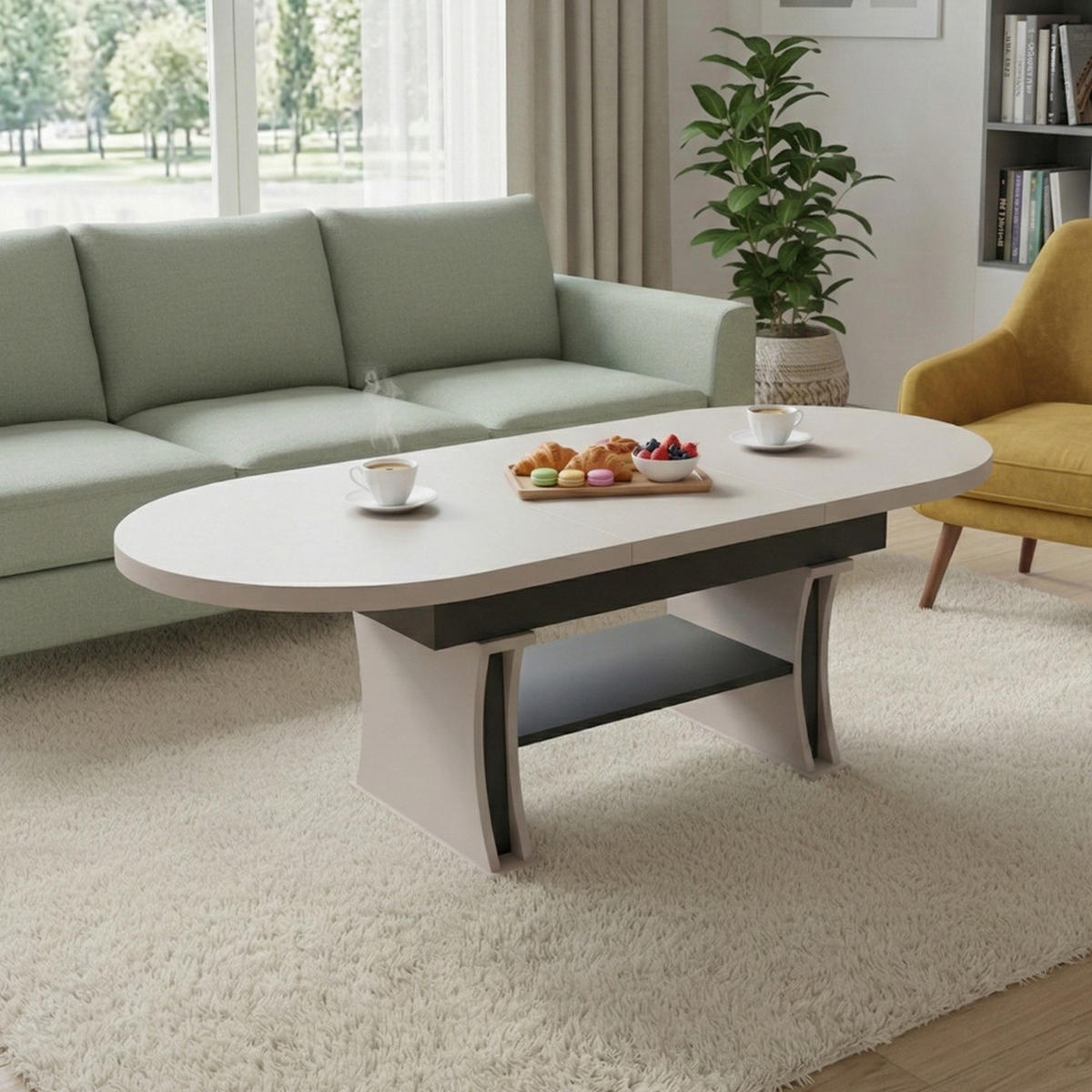 COUCHTISCH oval ausziehbar höhenverstellbar Ablage 130/80/60 cm - Anthrazit/Beige, Holzwerkstoff (80/130/60cm) - designimpex