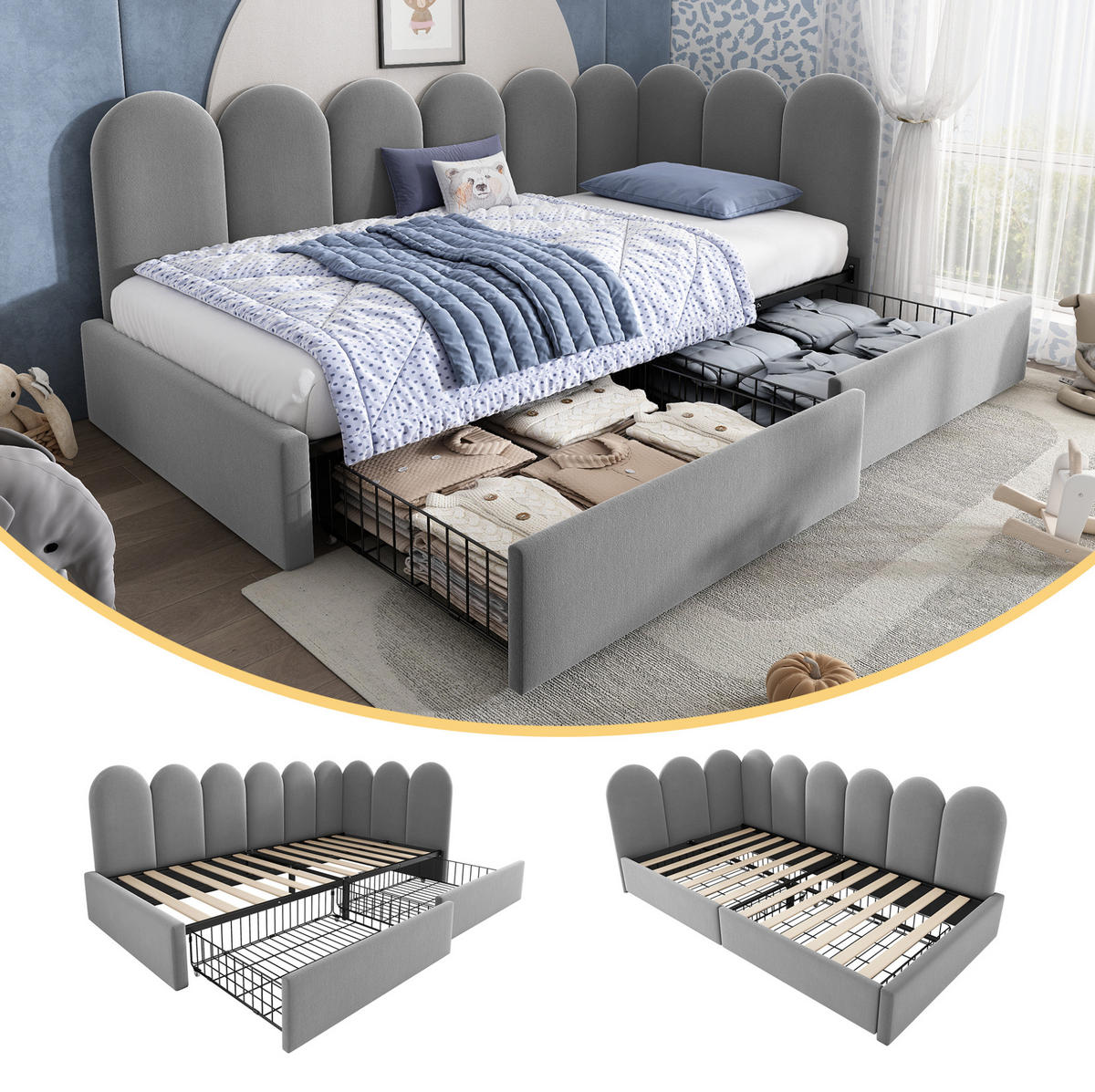 BETT mit 2 Schubladen und Lattenrost 90x190 cm Samt Grau - Grau, Metall (90/190cm) - Beauniv