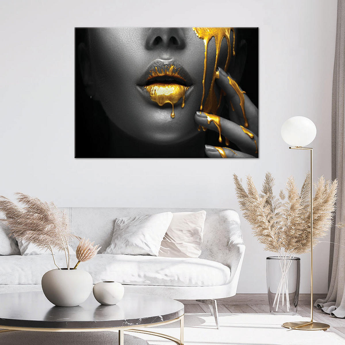 LEINWANDBILD Goldene Lippen, Frau, Abstraktion - Schwarz, Textil (100/70cm) - Feeby