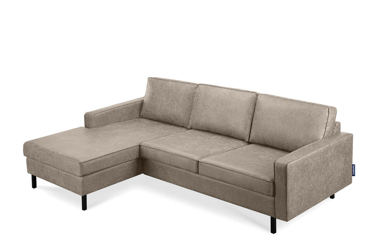 ECKSOFA-LINKS INVIA mit Armlehnen vintage, Lederoptik-Stoff, hellgrau - Hellgrau/Schwarz, Textil (234/160cm) - KONSIMO®