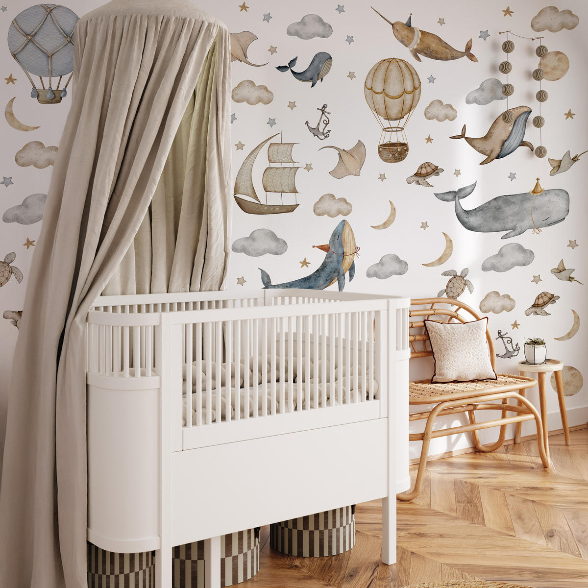 WANDSTICKER SET Wale Schildkröten Wolken Luftballons Sterne 120x60 - Beige/Braun, Papier (120/60/1cm) - Muralo