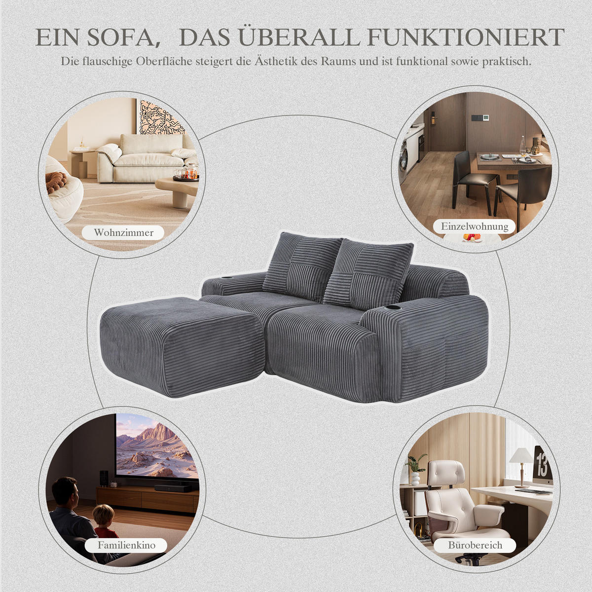 MODULARES 2-Sitzer Cordsofa mit Hocker Getränkehalter und Seitentasche 200/174/80 cm Dunkelgrau - Dunkelgrau, Textil (174/200cm) - Redom