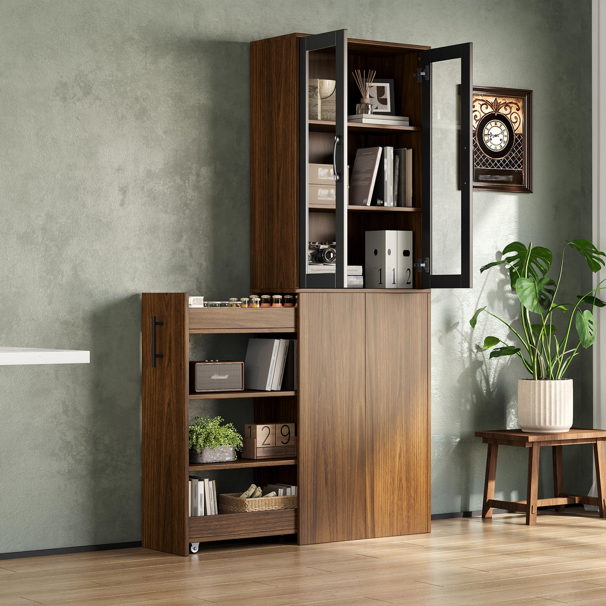 MEHRZWECKSCHRANK DE-38745 60/30/180 cm Glastüren und Ausziehwagen Holz/Schwarz - Braun, Holzwerkstoff (60/180/30cm) - ComfortXL