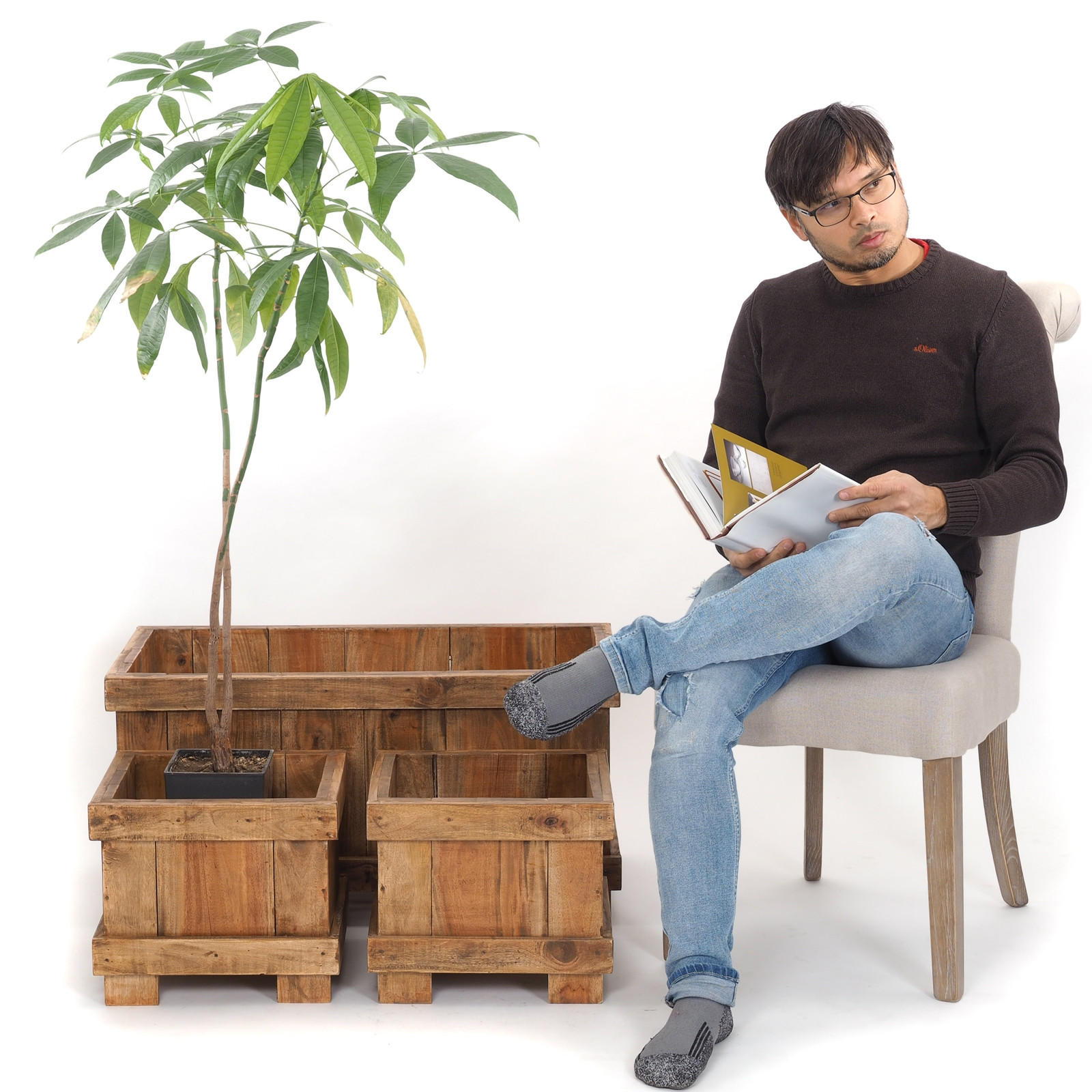 ÜBERTOPF-SET FLOWERPOT 3-tlg. Recyclingholz massiv, 2 verschiedene Größen naturfarben - Naturfarben, Holz (80/40/40cm) - DESIGN DELIGHTS