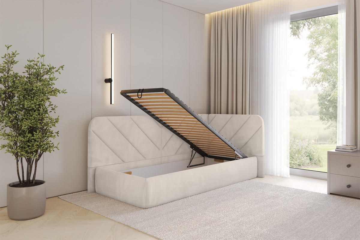 EINZELLBETT Jugendbett mit Bettkasten und Matratze H3/H4, Links - FIKY 90x200 Beige - Ecru, Holzwerkstoff/Textil (90/200cm) - ALTDECOR