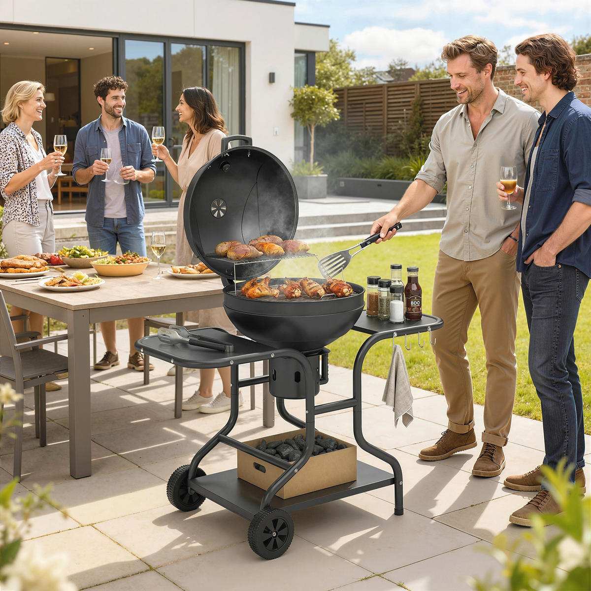 HOLZKOHLEGRILL mit Seitentischen Metall Schwarz - Schwarz, Metall (63.5/106.5/129cm) - Outsunny