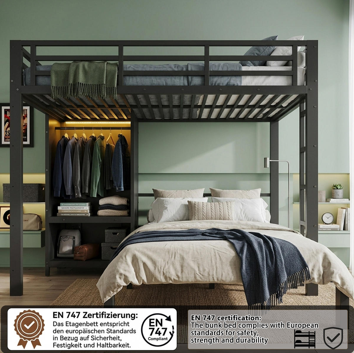 ETAGENBETT aus Metall und Holz 120x200 cm Schwarz mit Kleiderschrank und LED-Beleuchtung - Schwarz, Metall (120/200cm) - Modfu
